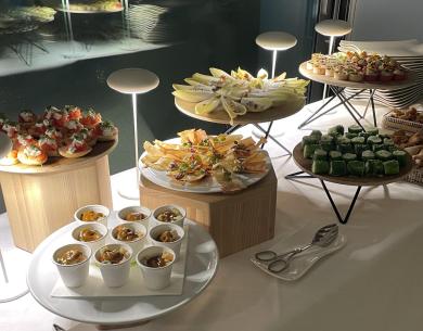 Buffet di finger food gourmet con vari antipasti su tavoli illuminati.