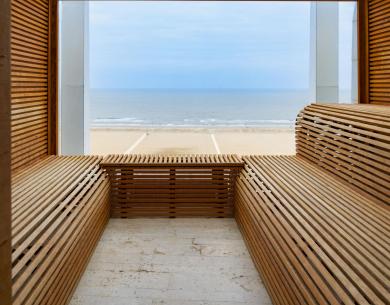 Sauna with sea view, modern and minimalist design.