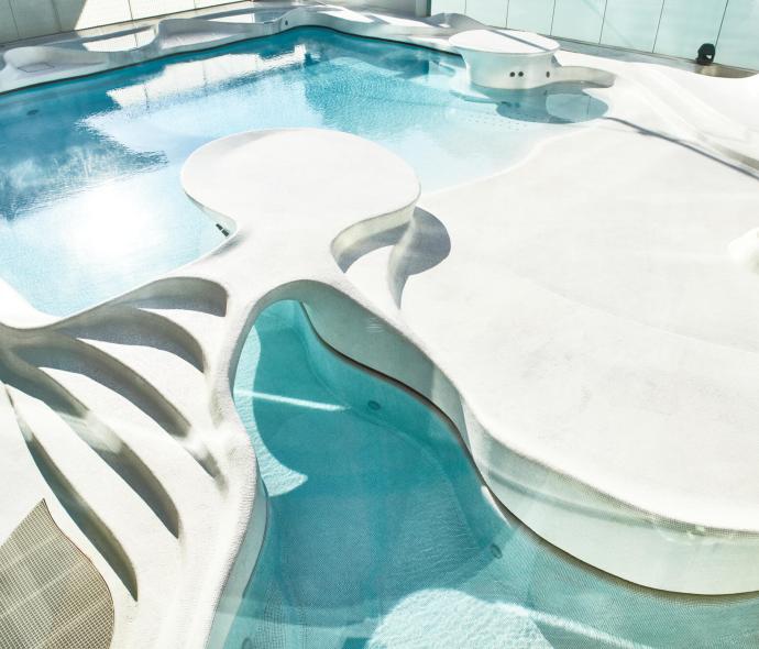 Piscina moderna con design organico e curve sinuose.