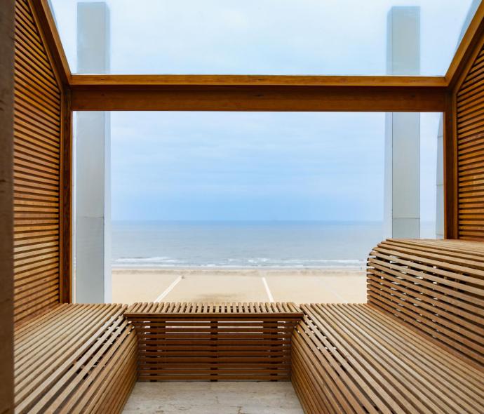 Sauna with sea view, modern and minimalist design.