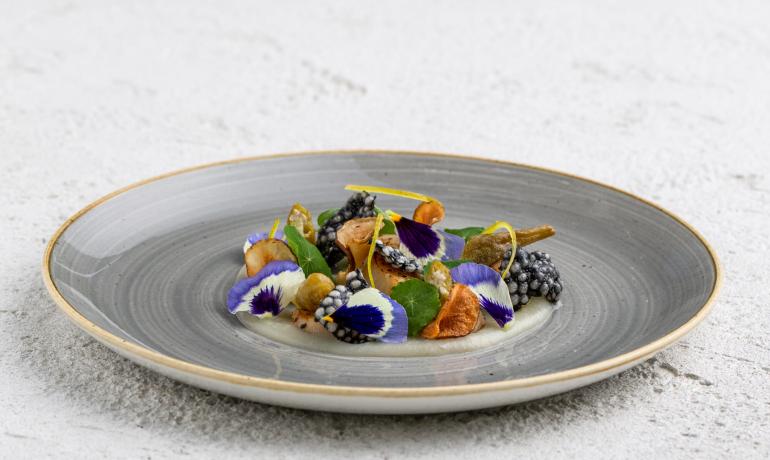 Piatto gourmet con fiori commestibili e ingredienti raffinati.