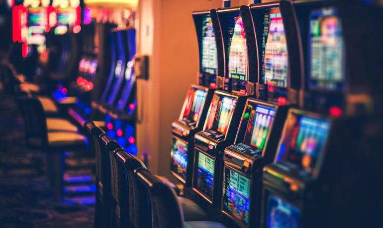 Illuminated slot machines in a casino.