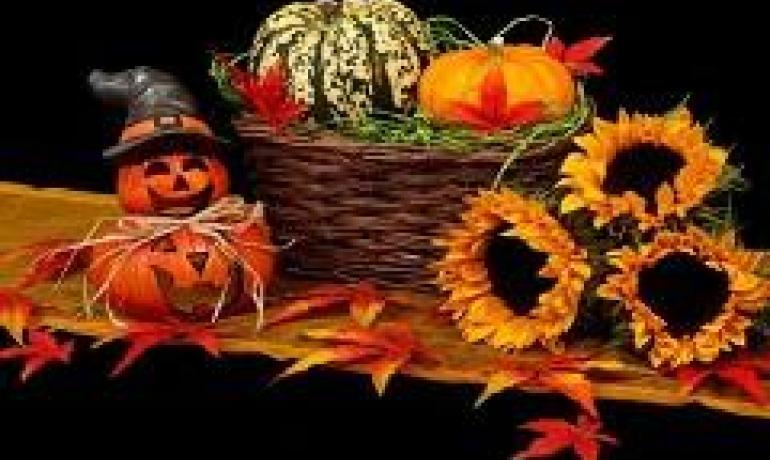Decorazioni autunnali: zucche, girasoli, foglie rosse, atmosfera calda e festosa.