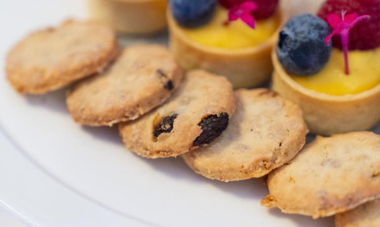 Assorted desserts with berries and cookies on a white plate.