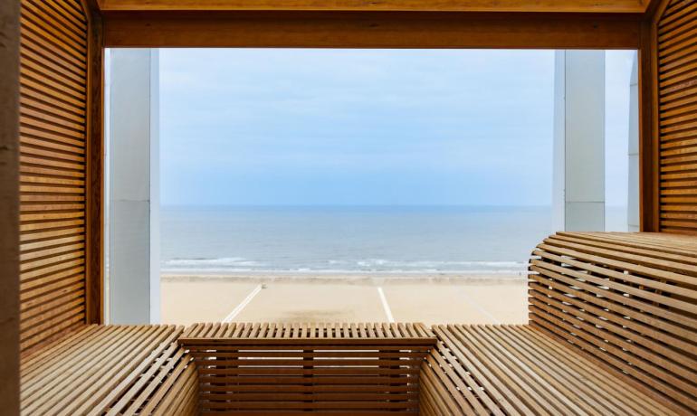 Sauna with sea view, modern and minimalist design.