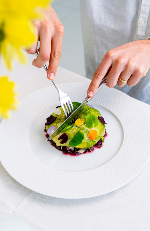 Una raffinata insalata colorata, tagliata con delicatezza, evoca eleganza e freschezza primaverile.